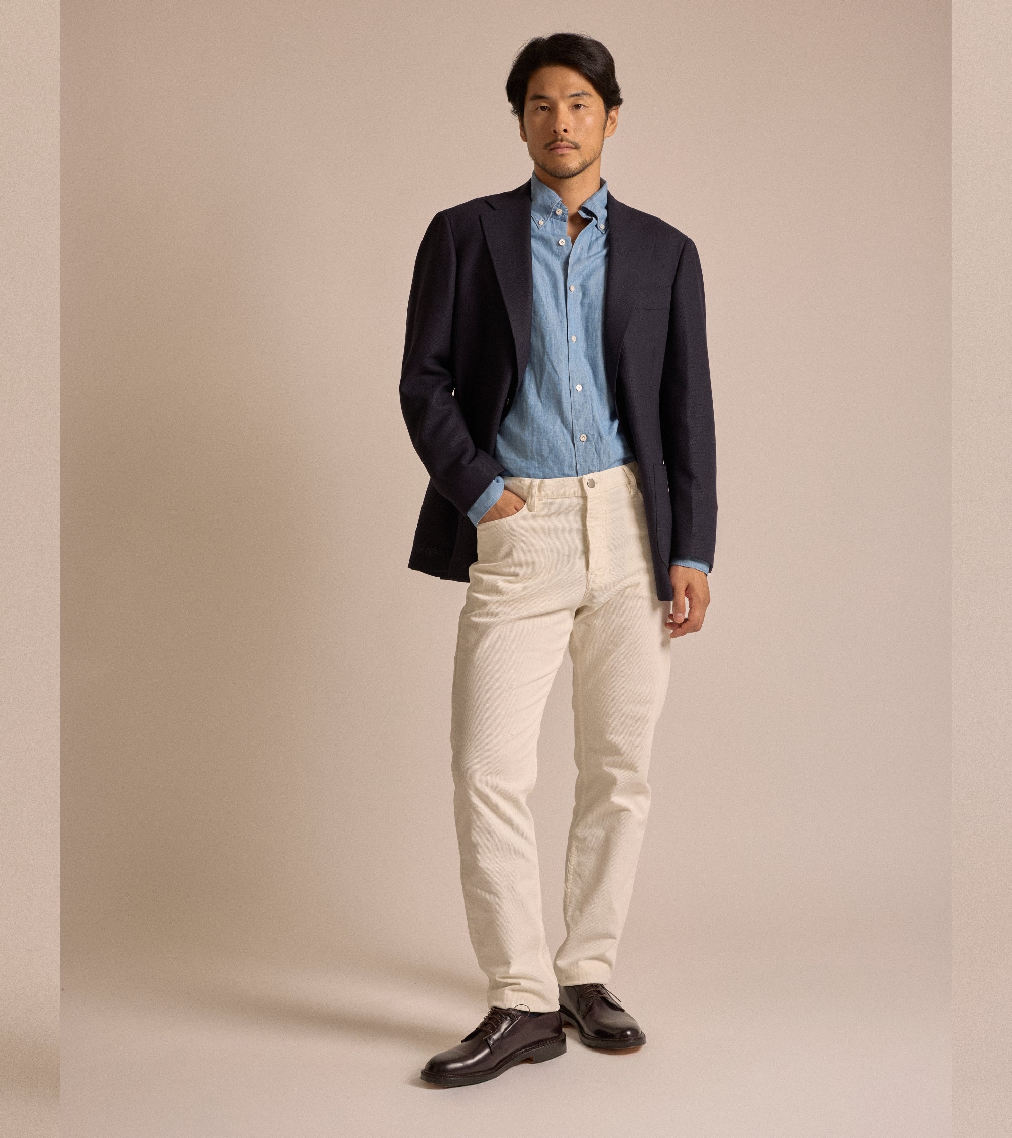 Trunk Dean corduroy 5-pocket trousers in egret white, styled shot.