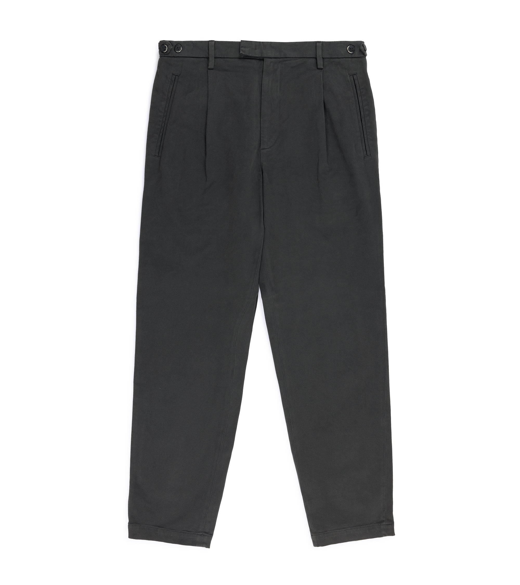 Barena Masco Mante cotton twill trousers in dark grey, front view showing slash pockets, single pleats and belt loops.
