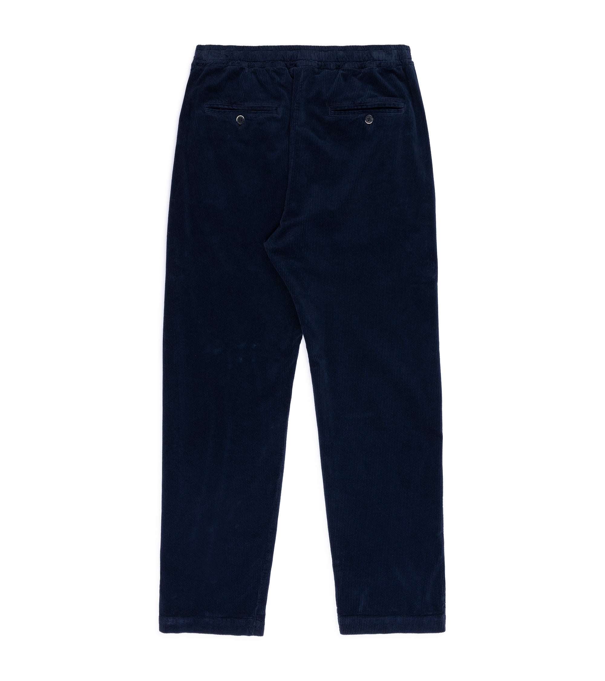 Barena Riobarbo Cortivo cotton corduroy trousers in navy. Back view showing elasticated waist and two back pockets with button closure.