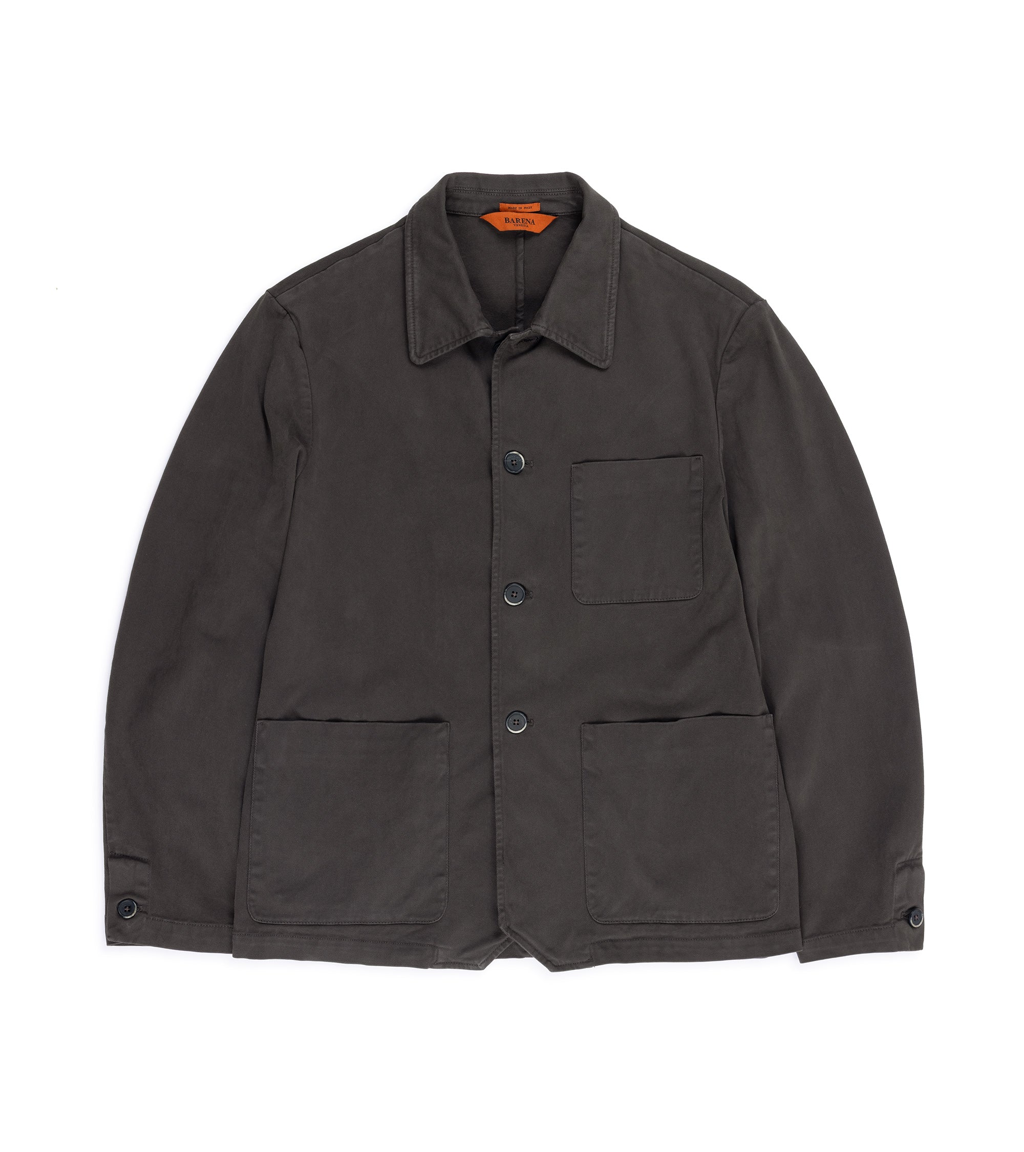 Barena cotton twill jacket in brown with a pointed collar, three-button closure and three front pockets.