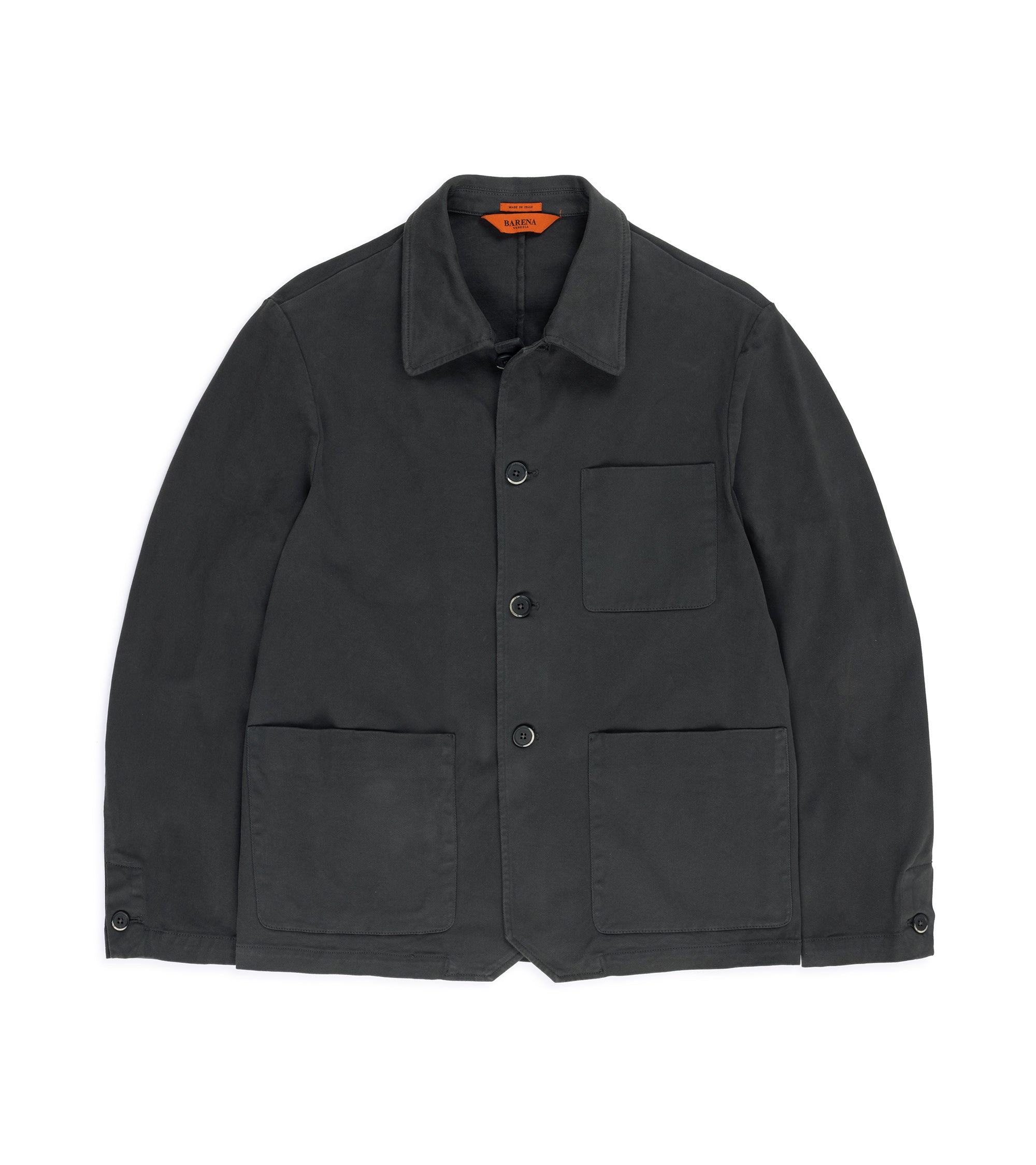 Barena cotton twill jacket in dark grey with a pointed collar, three-button closure and three front pockets.