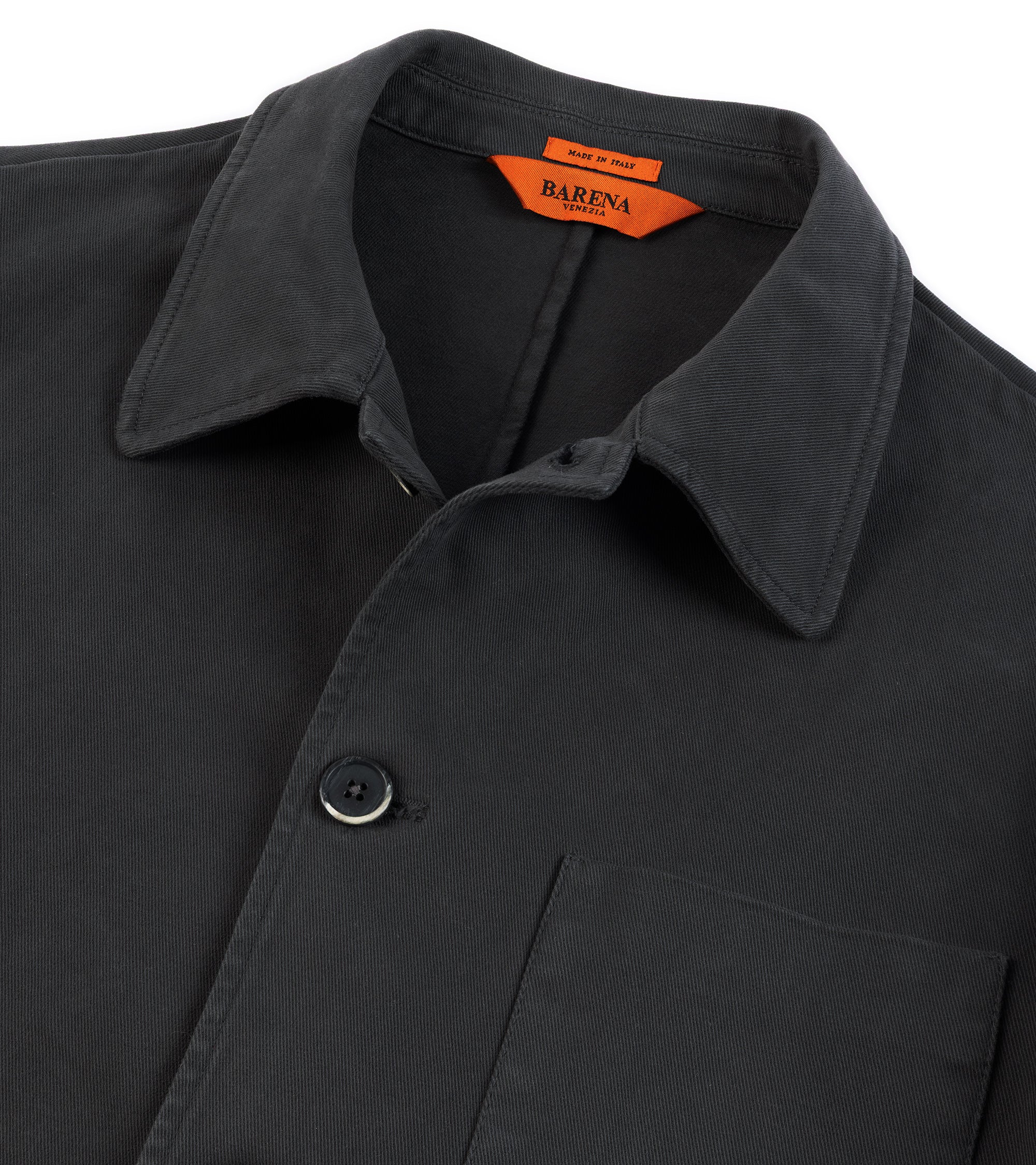 Barena cotton twill jacket in dark grey. Close-up of the collar and detail of the cotton twill fabric.