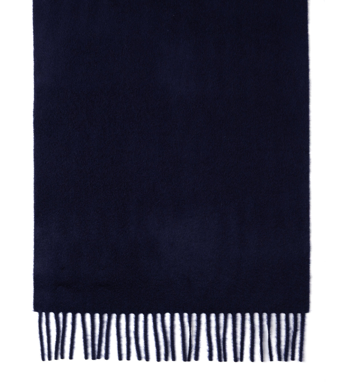 A dark navy blue scarf with fringed edges, shown flat against a plain white background.