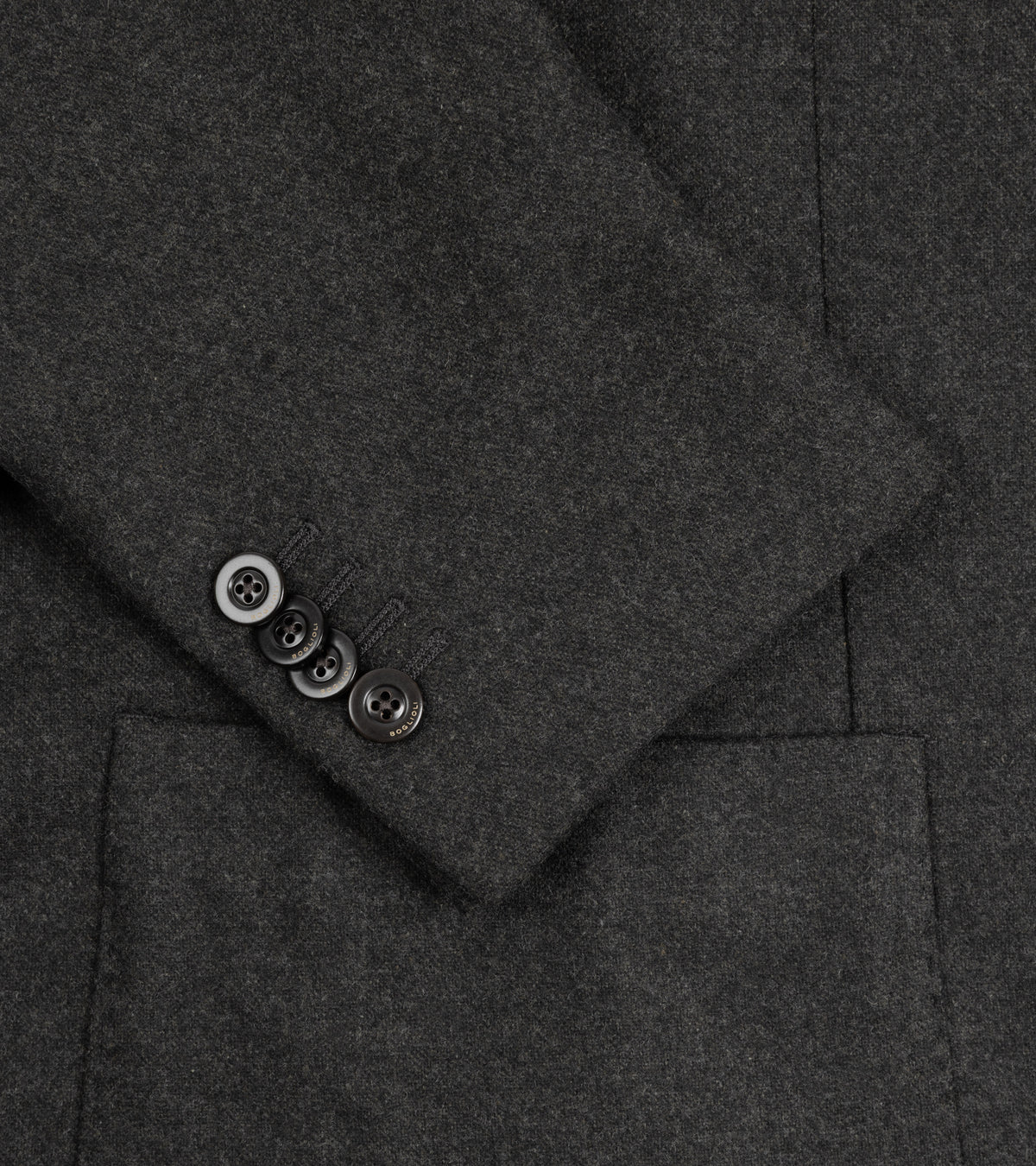 Boglioli Wool Flannel Hopsack K Jacket in Grey. Close-up detail of the cuff with four Boglioli branded buttons.