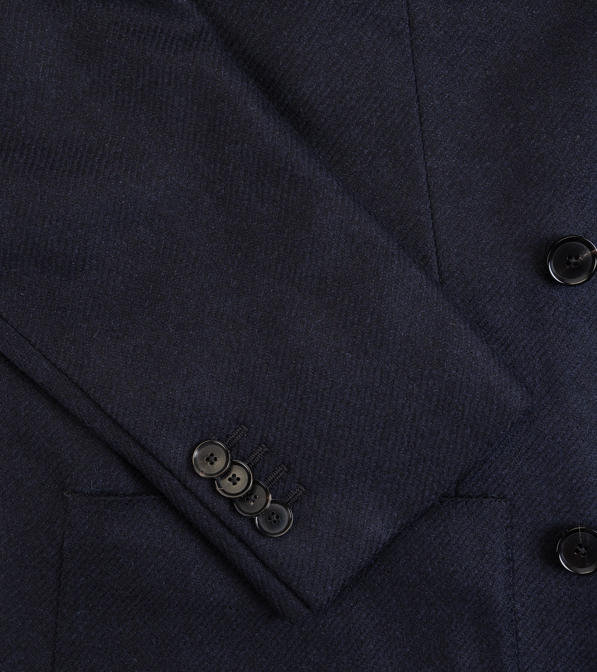 Caruso Aida double breasted jacket in navy wool cashmere twill, cuff detail.