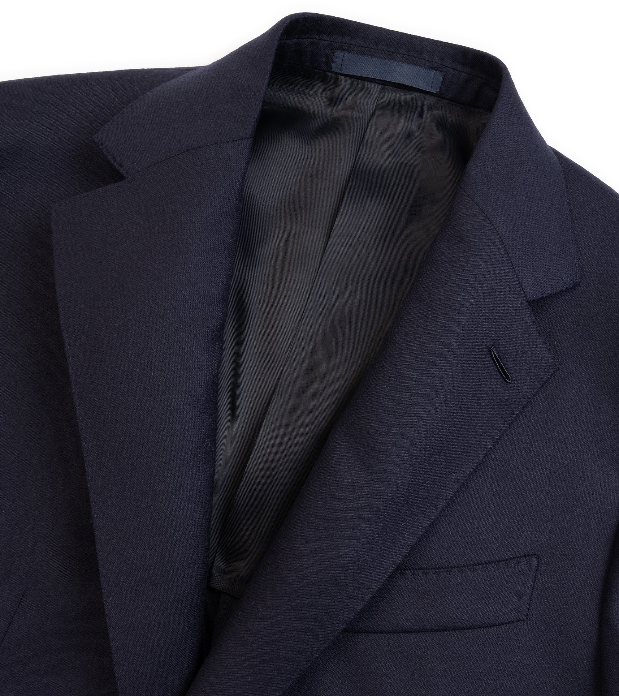 Caruso superlight wool flannel suit jacket in navy, close-up detail of the lapels and wool fabric.