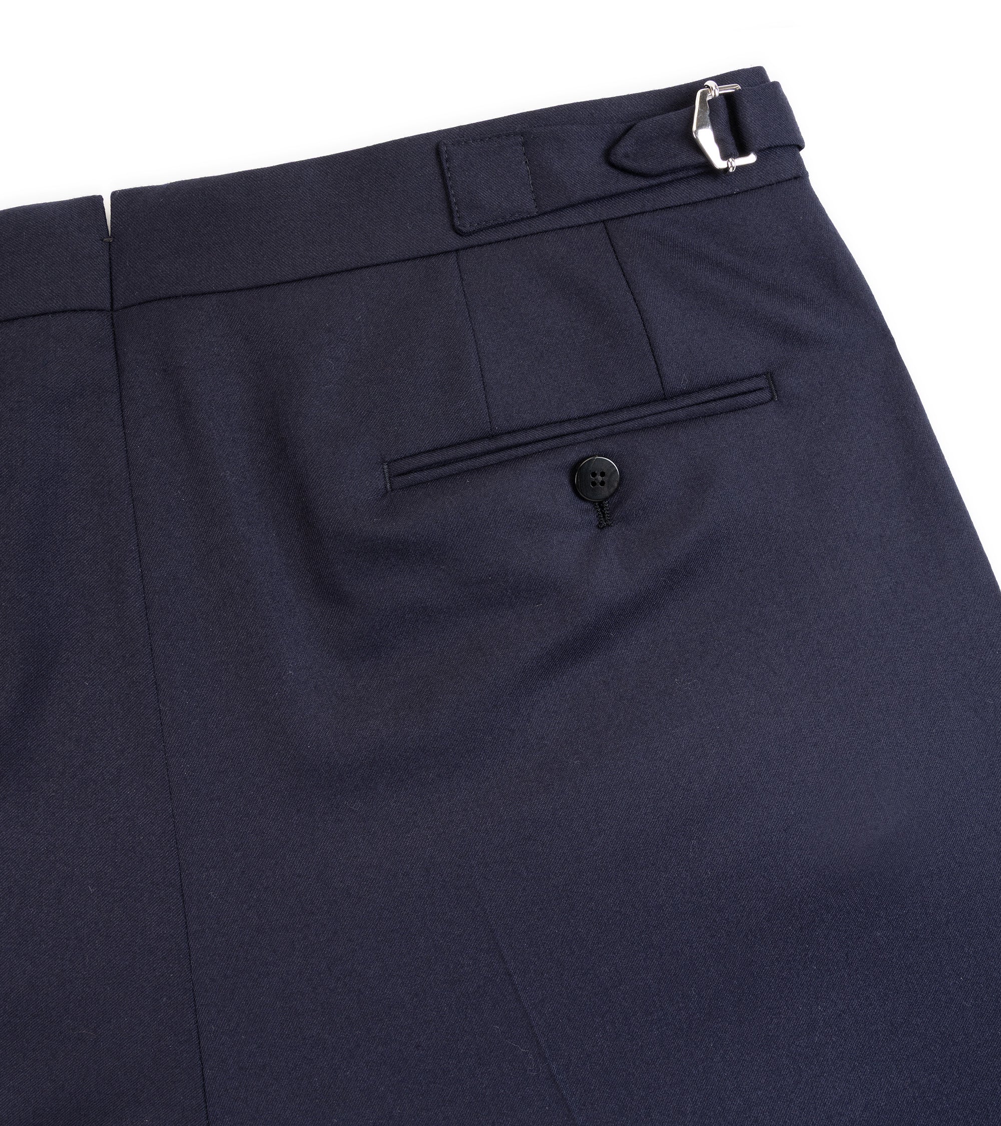 Caruso Superlight wool flannel suit trousers in navy, back pocket detail with side adjuster on waist.