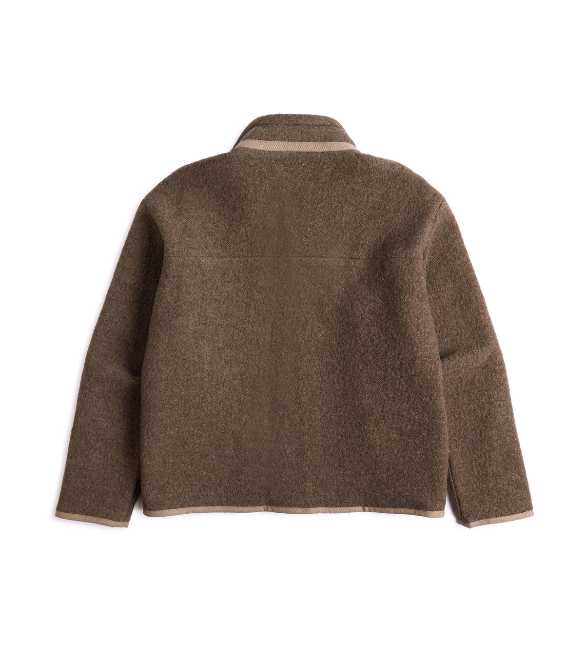 De Bonne Facture Boiled Wool Bookstore Jacket in Ash Brown shown from the back.