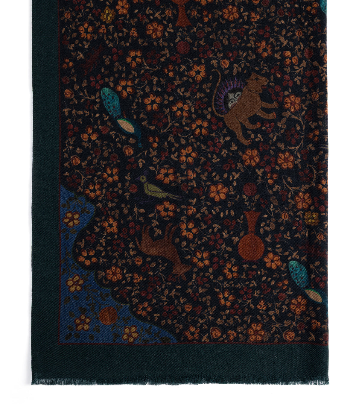 De Bonne Facture Ispahan Folk Pattern Soft Wool Scarf in Green flat display.