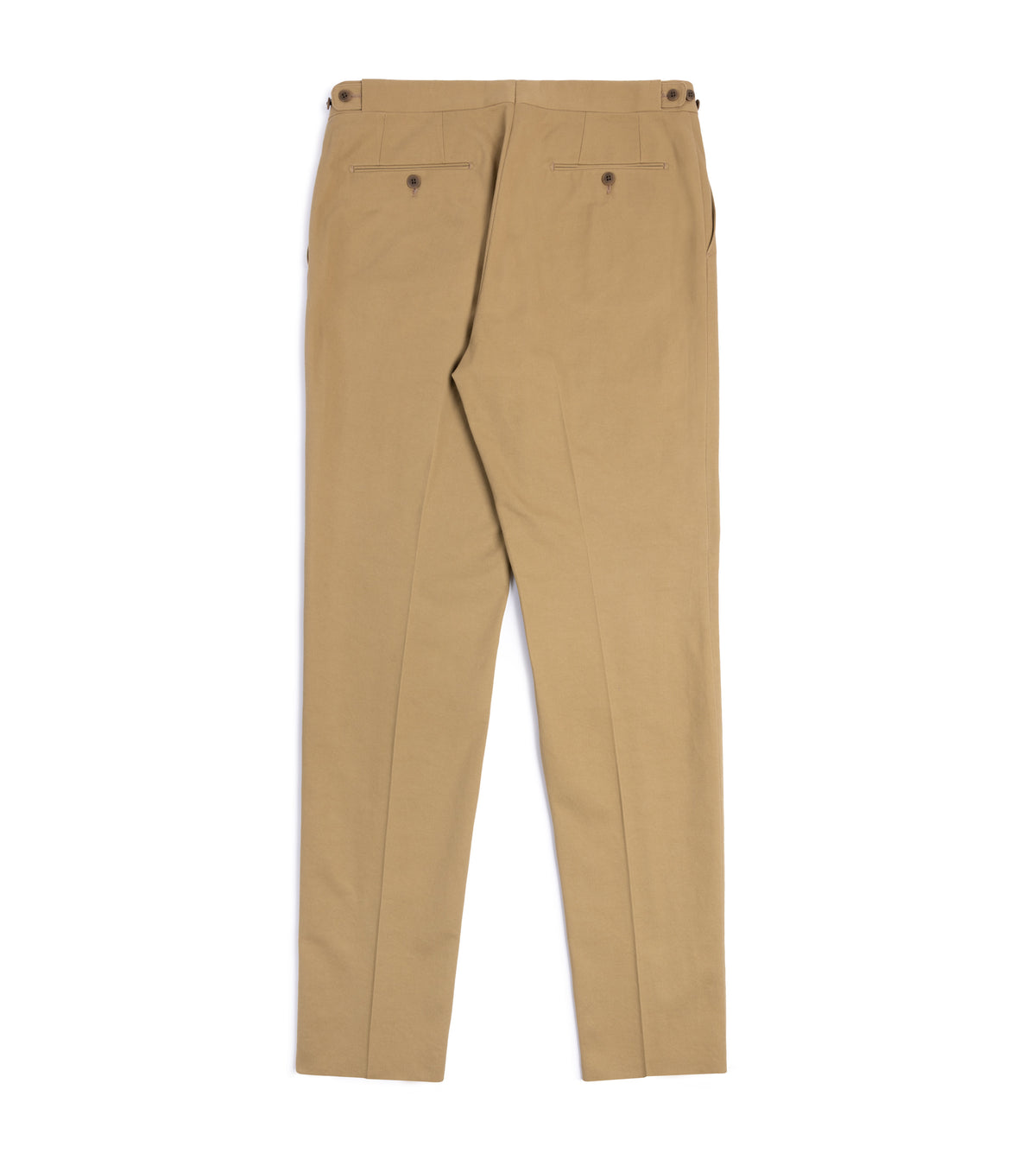 Echizenya Vintage Washed Cotton Tab Chino Trousers. in Tan, back view. Two back pockets with buttons and side adjusters at the waist.