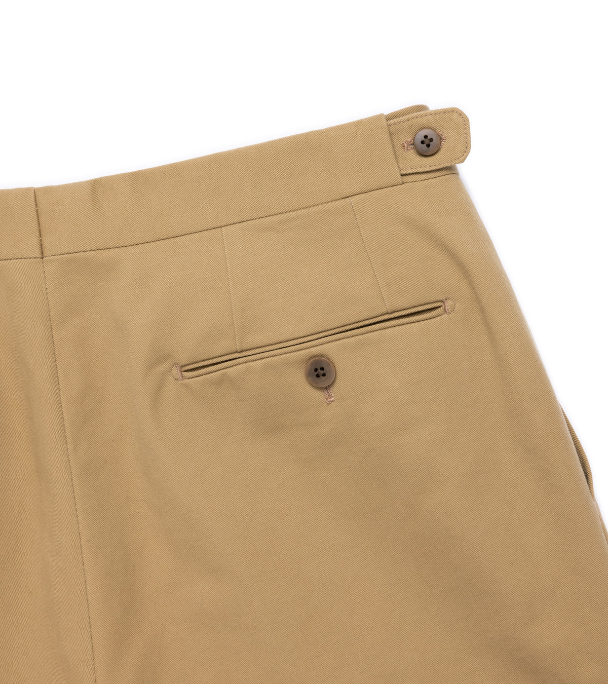 Echizenya Vintage Washed Cotton Tab Chino Trousers in Tan. Close-up detail of the back pocket and waist.