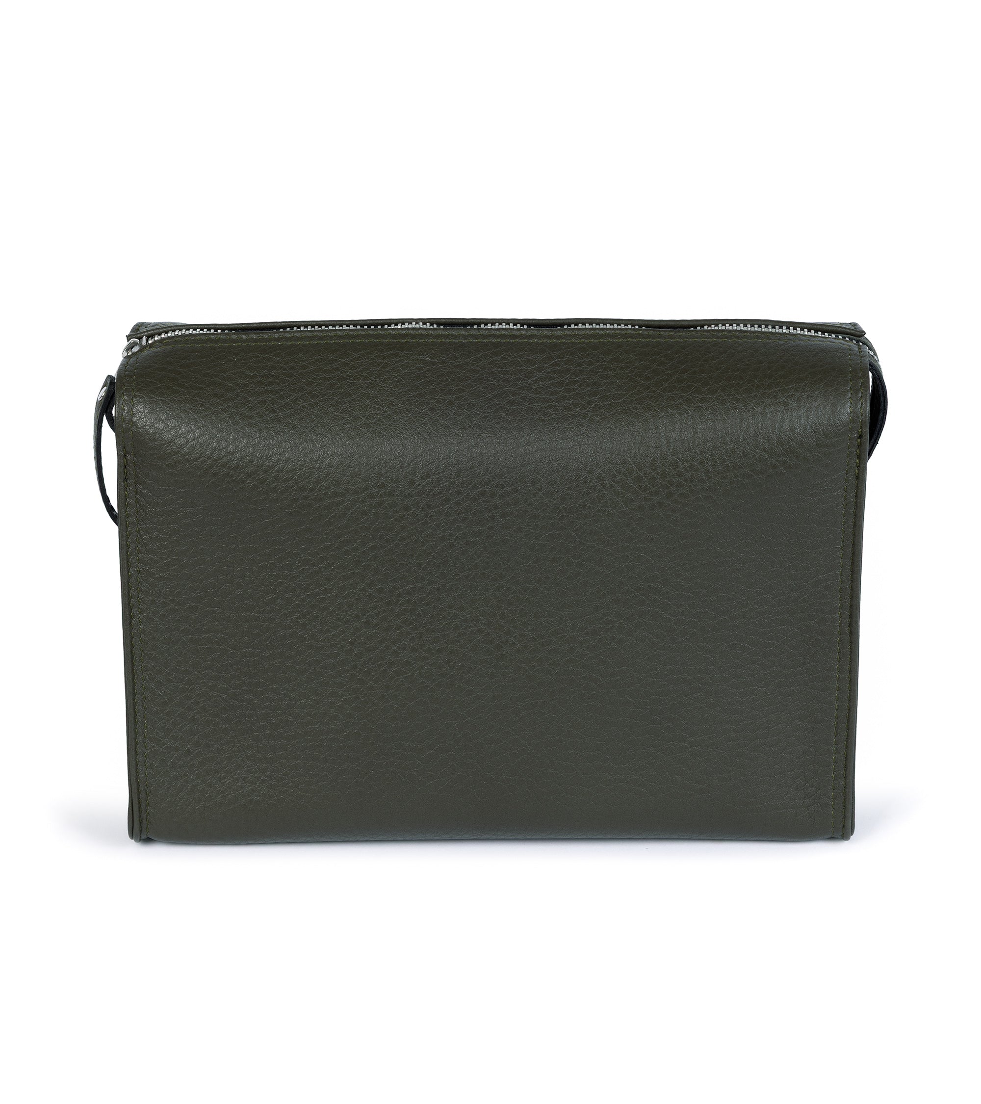 F. Hammann leather wash bag in olive, open view showing the interior.