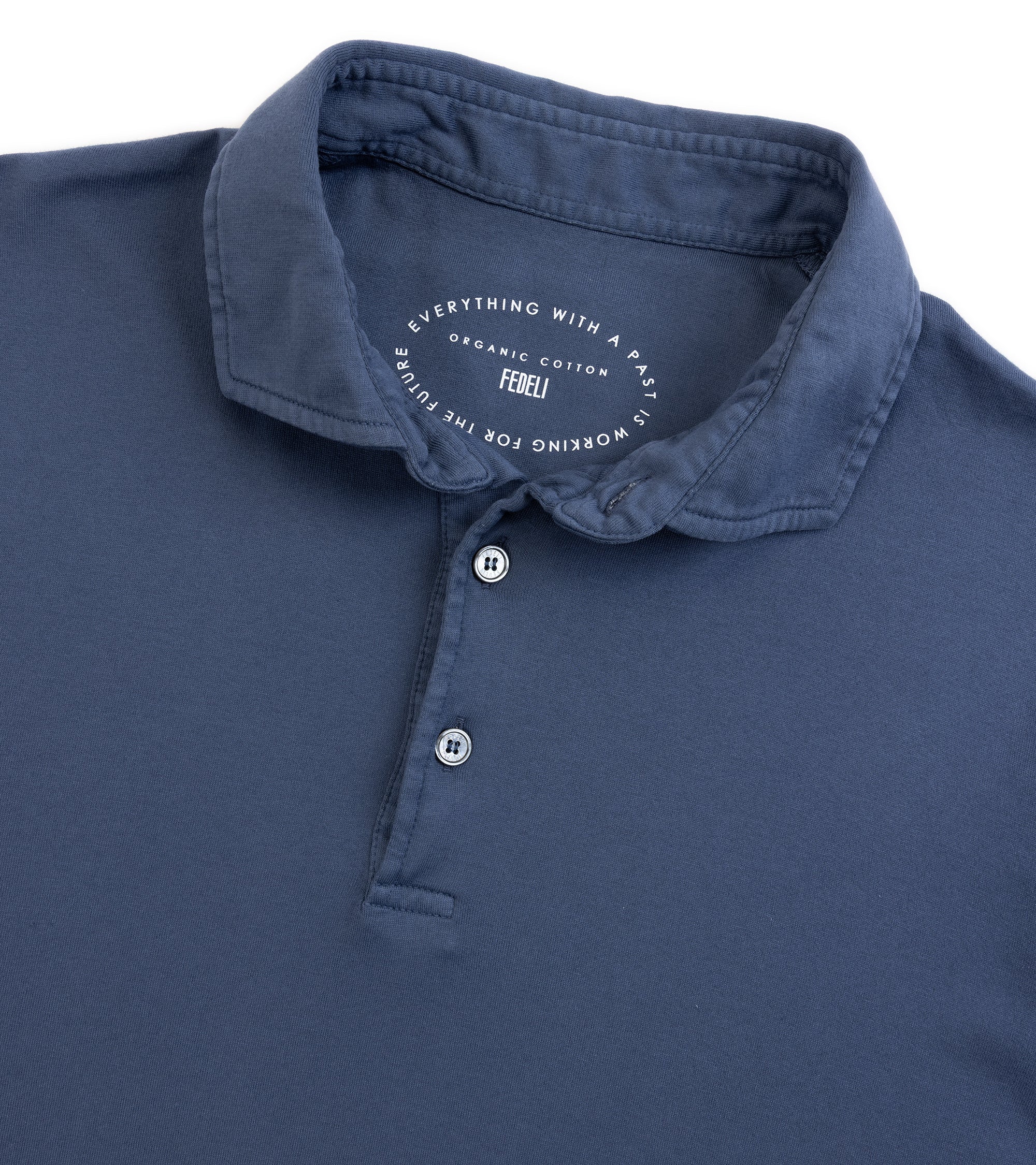 Fedeli Zero Cotton Jersey Long Sleeve Polo Shirt in dark blue. Close-up detail of the collar, three-button placket and fabric.