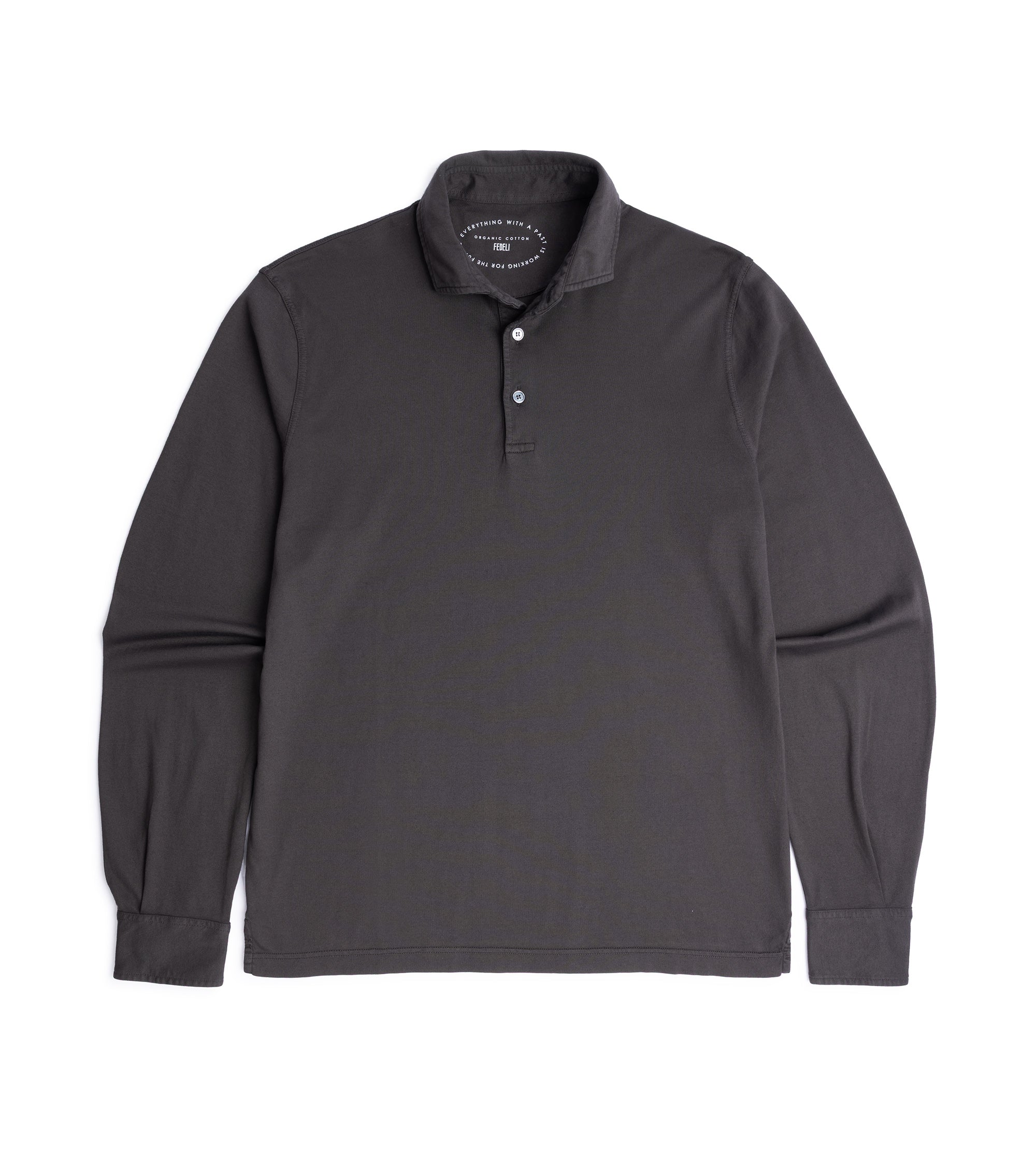 Fedeli Zero Cotton Jersey Long Sleeve Polo Shirt in dark brown, front view.