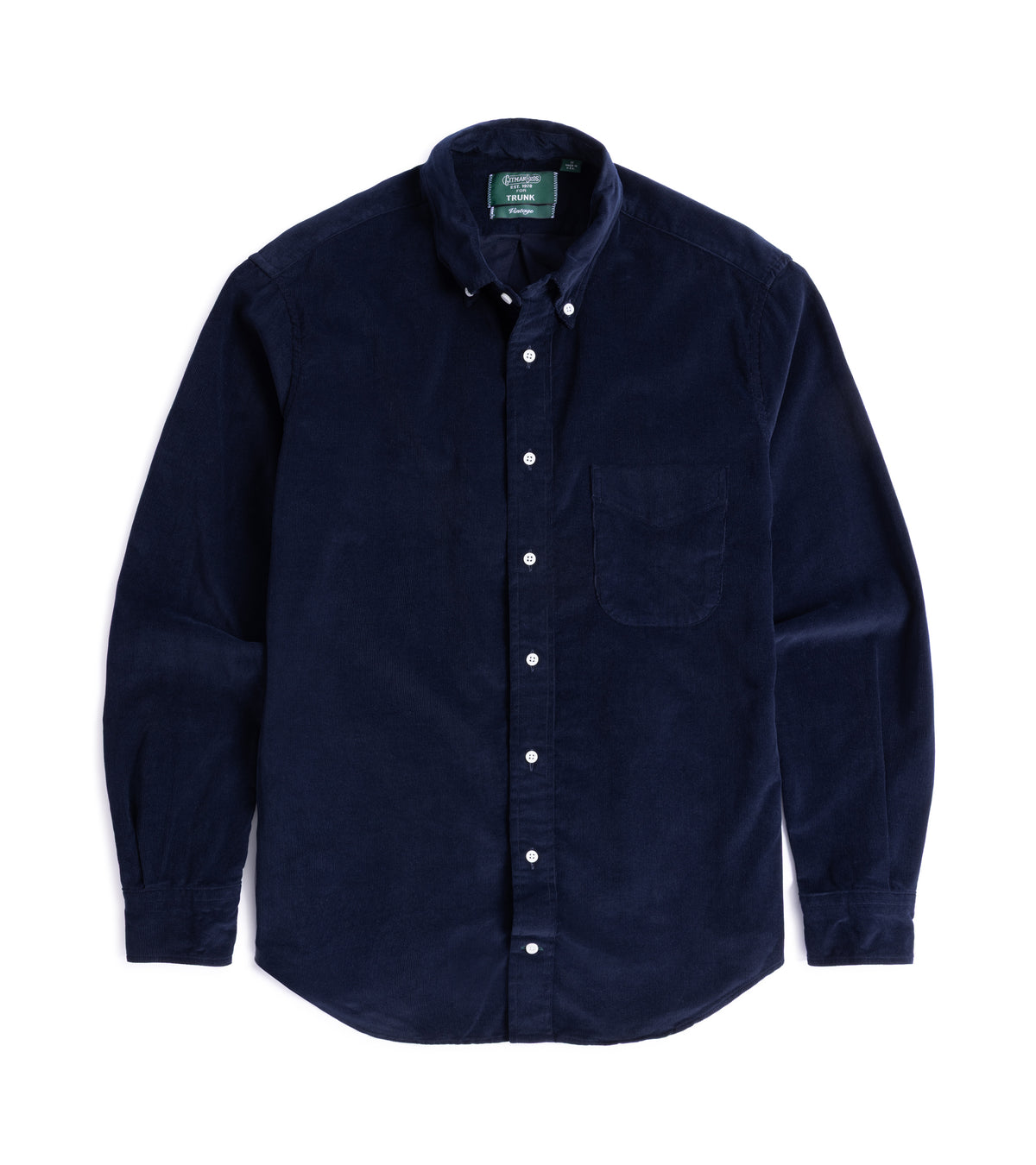 Gitman Vintage Fine Cord Button Down Shirt in Navy, front view, showing the button down collar and chest pocket.