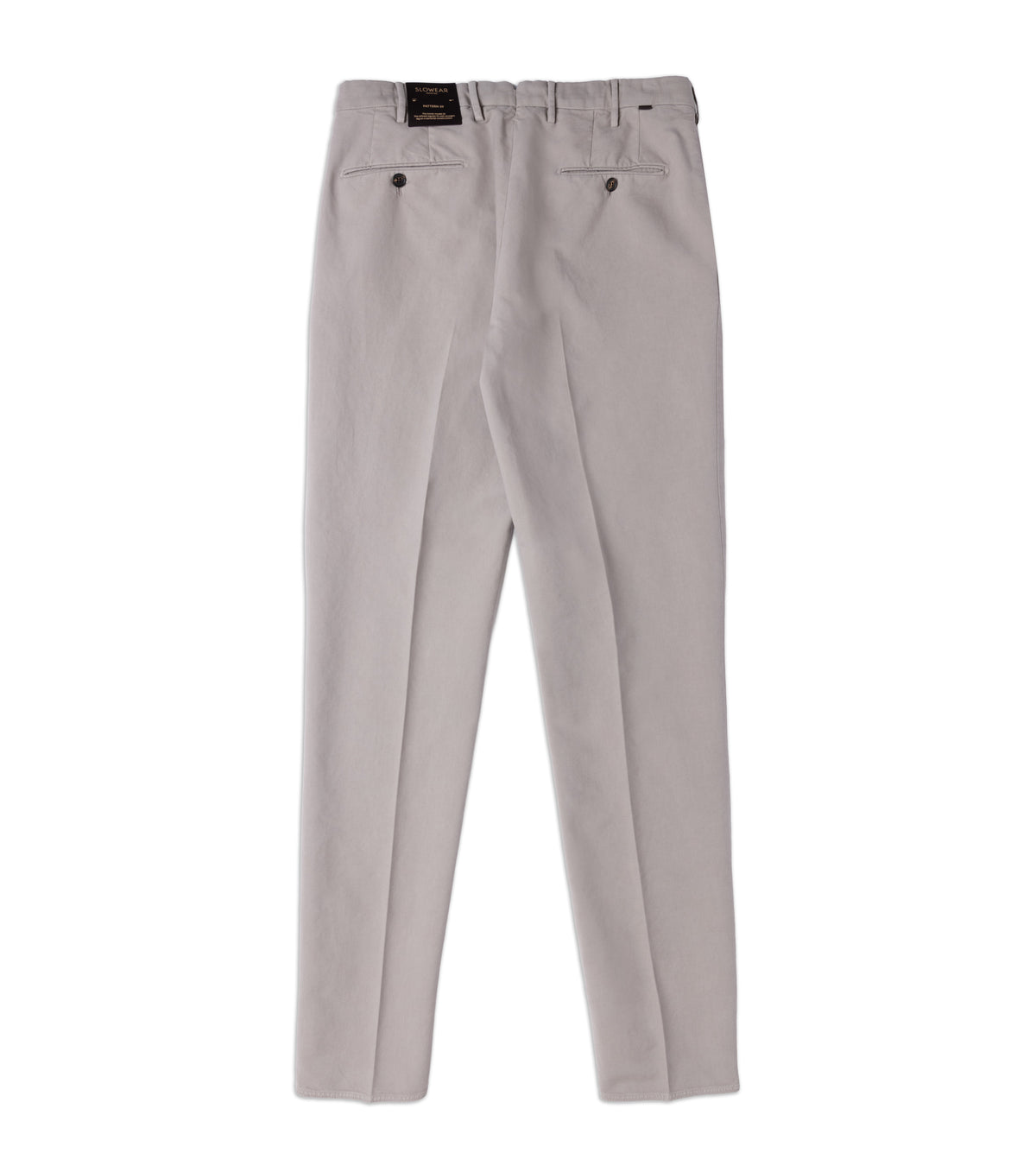 Incotex Regular High Cotton Doeskin Trousers in Greige from the back, featuring two buttoned welt pockets and belt loops.