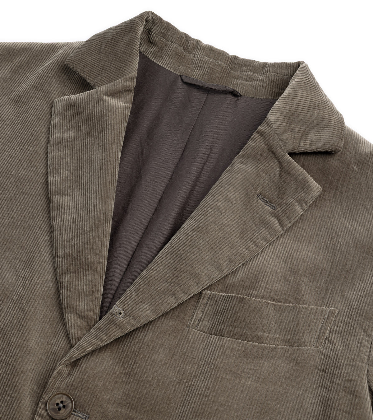 Close-up of the Kaptain Sunshine Cotton Corduroy 4B Jacket in Brown showing the textured fabric, collar, and dark brown inner lining.
