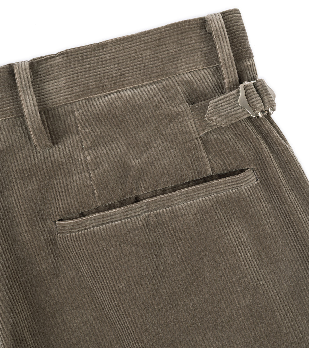 Close-up of the Kaptain Sunshine Cotton Corduroy Shoecut Slacks in Brown showing waistband, back pocket and belt loops.