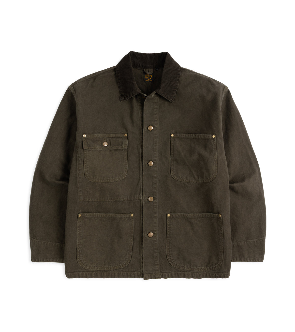 OrSlow Oxford Cotton Coverall Jacket, front view. 4 front pockets with metal rivets. Dark brown corduroy collar. Button fastening with top button undone.