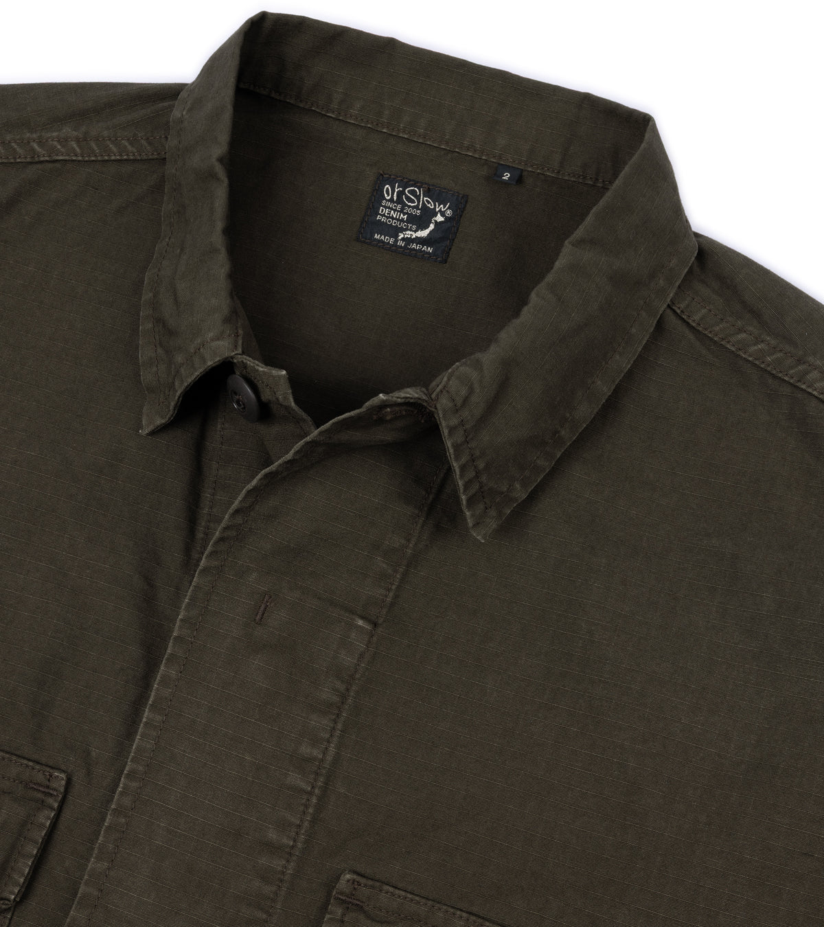 OrSlow Ripstop Cotton BDU Jacket, close-up detail of the collar and the ripstop fabric.