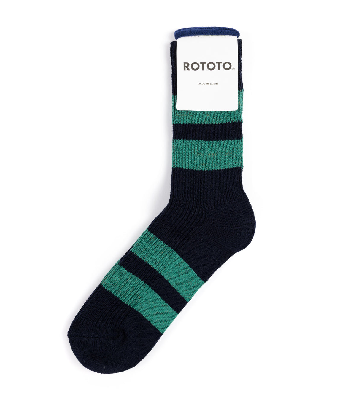 RoToTo Recycled Cotton Stripe Crew Socks: Navy/Green