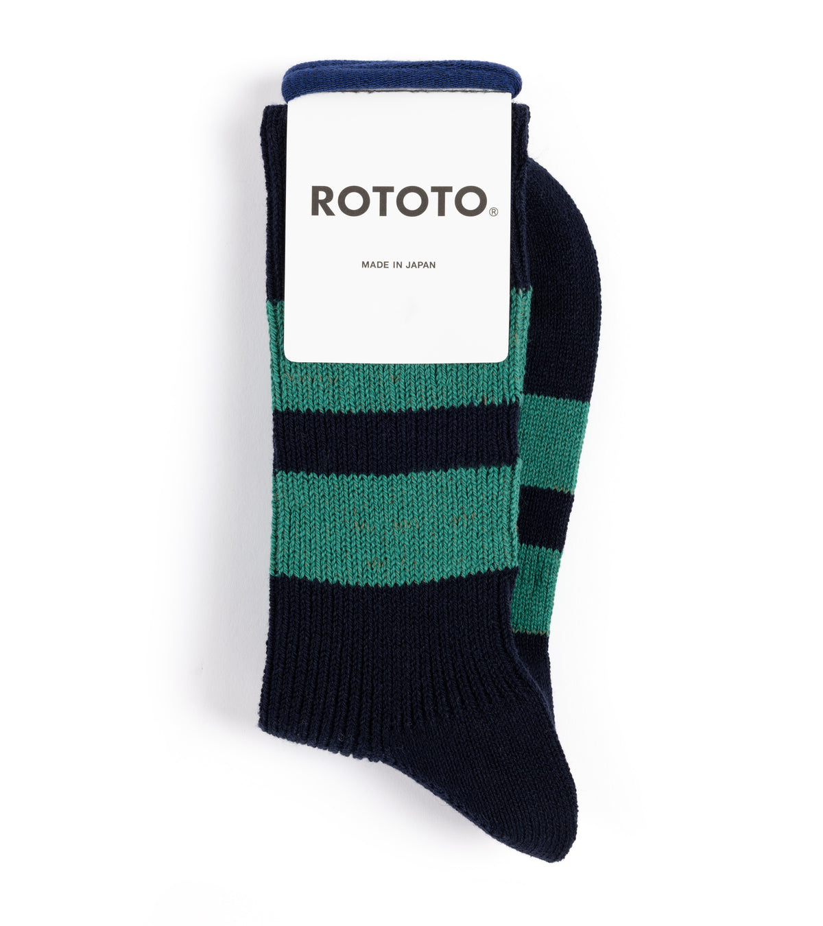 RoToTo Recycled Cotton Stripe Crew Socks: Navy/Green