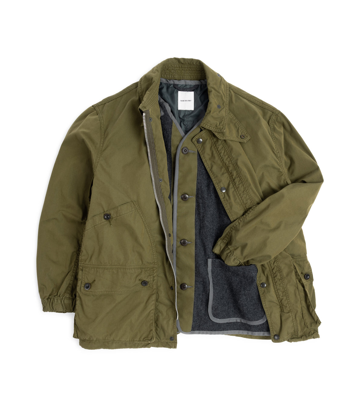 Sage de Cret Cotton Nylon Oxford Three-Way Work Jacket in Olive, unzipped and opened up revealing the wool liner.