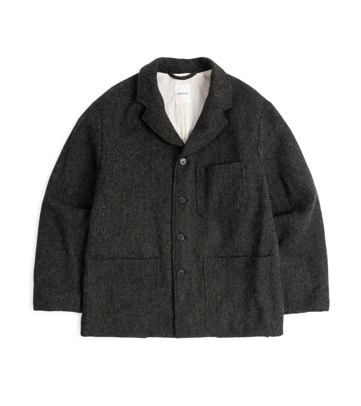 Sage de Cret Harris Tweed Four-Button Coverall Jacket in grey, front view.