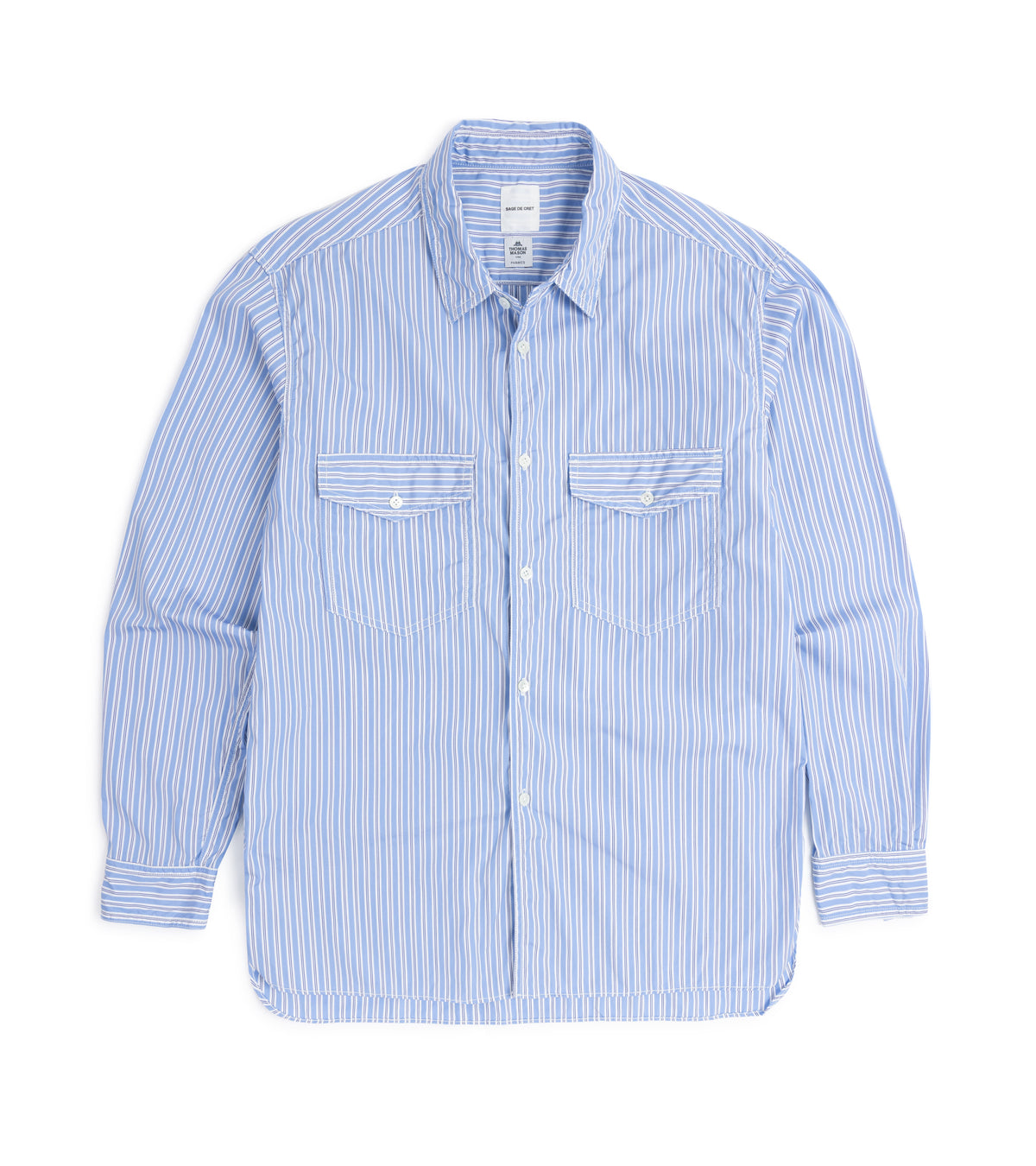 Sage de Cret Thomas Mason Stripe Work Shirt in blue, product photo.