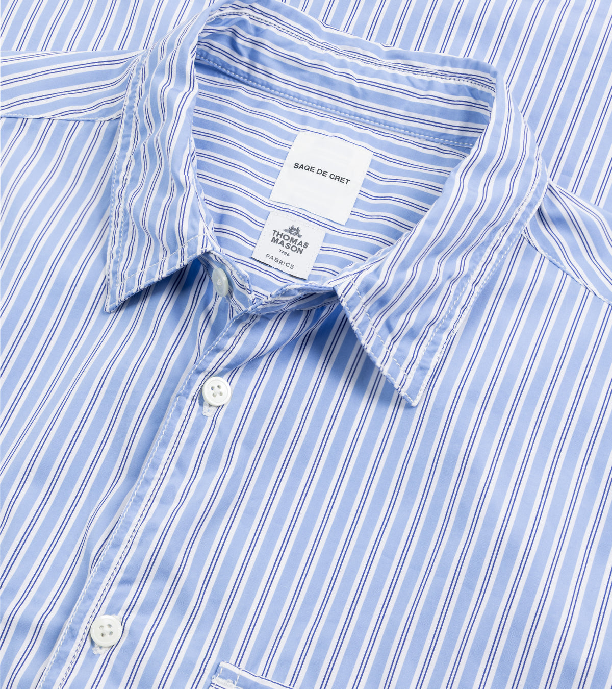 Sage de Cret Thomas Mason Stripe Work Shirt in blue, product photo.