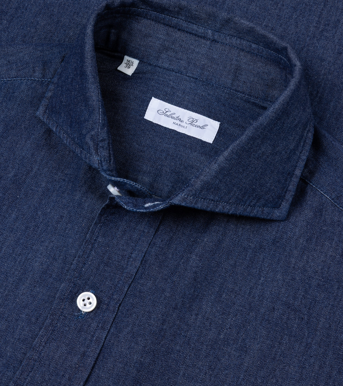 Salvatore Piccolo Cotton Chambray Shirt in Navy. Close-up detail of the collar.