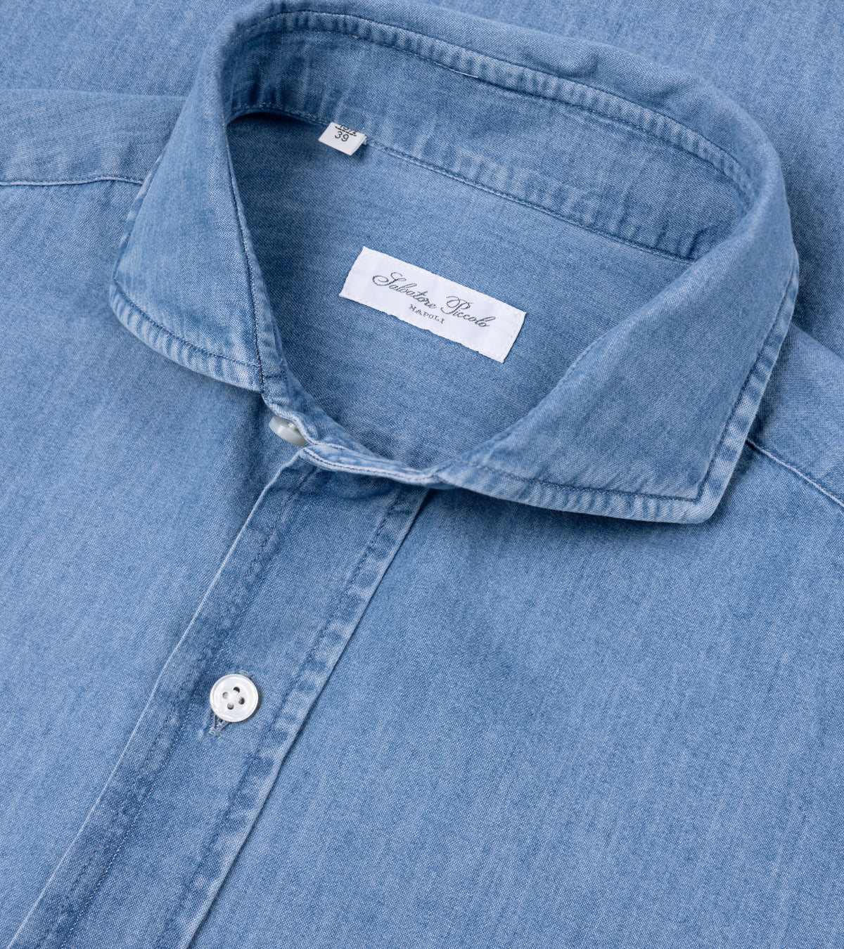 Salvatore Piccolo Cotton Chambray Shirt in Light Blue. Close-up detail of the collar.