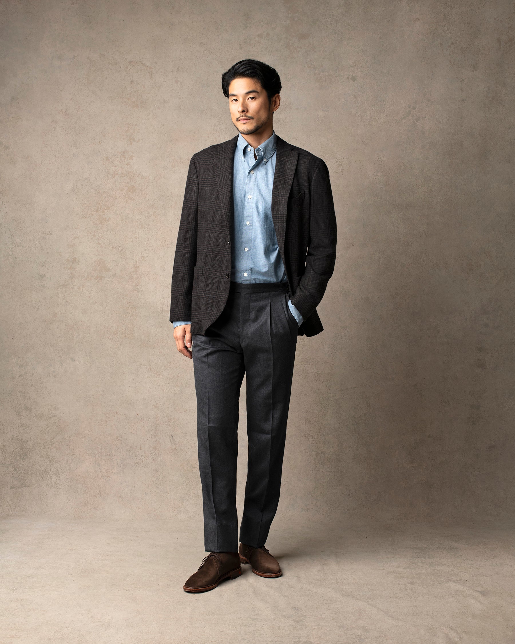 Echizenya for Trunk Wool Serge Pleated Trousers: Charcoal
