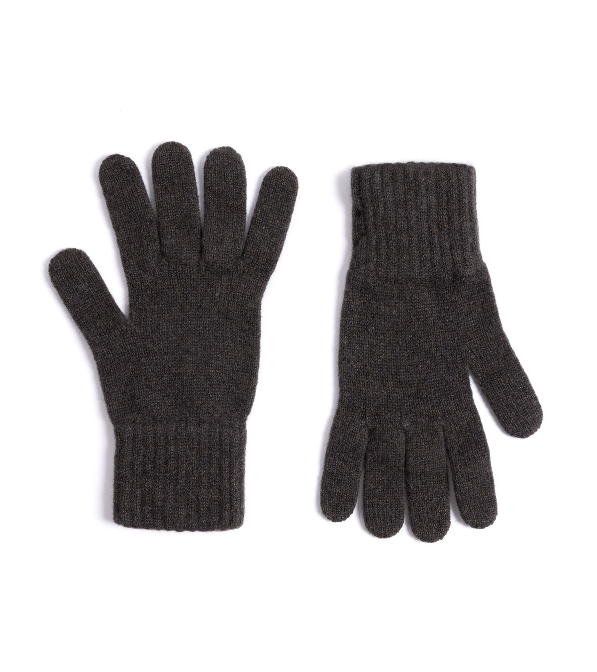 Trunk Cashmere Knitted Gloves in Dark Chocolate one showing the back of the hand and the other showing the palm side.