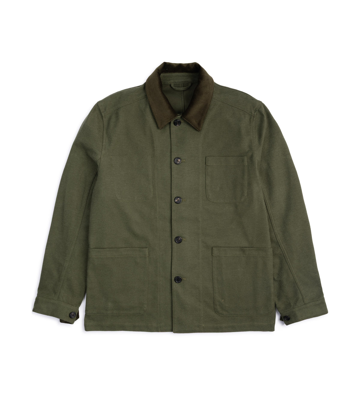 An olive green canvas utility jacket with a contrasting dark brown collar, featuring a button-up front, chest pocket, and two lower patch pockets, laid flat on a white background.