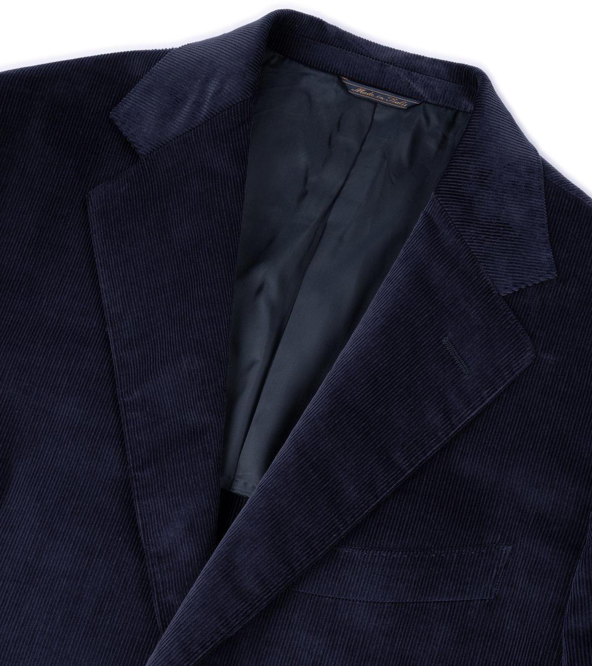 Trunk Hutton Cotton Corduroy Tailored Jacket in Navy. Close-up detail of the collar.