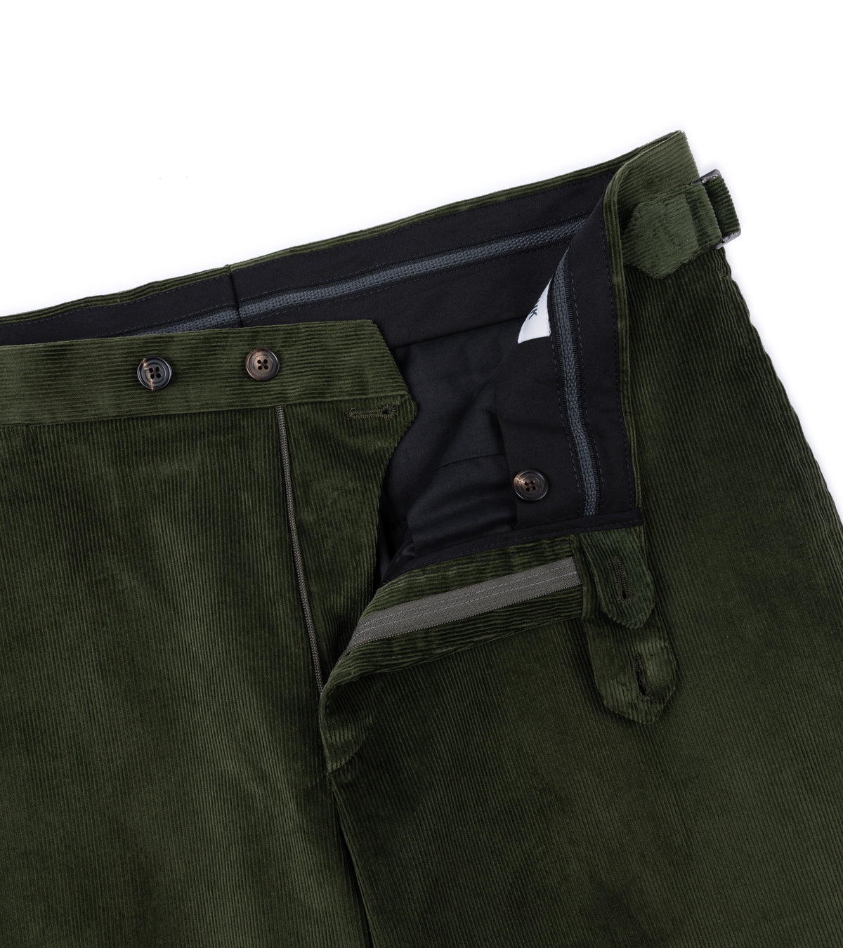 Trunk Hutton Cotton Corduroy Tailored Trousers in Olive, close-up detail of the waist and lining.