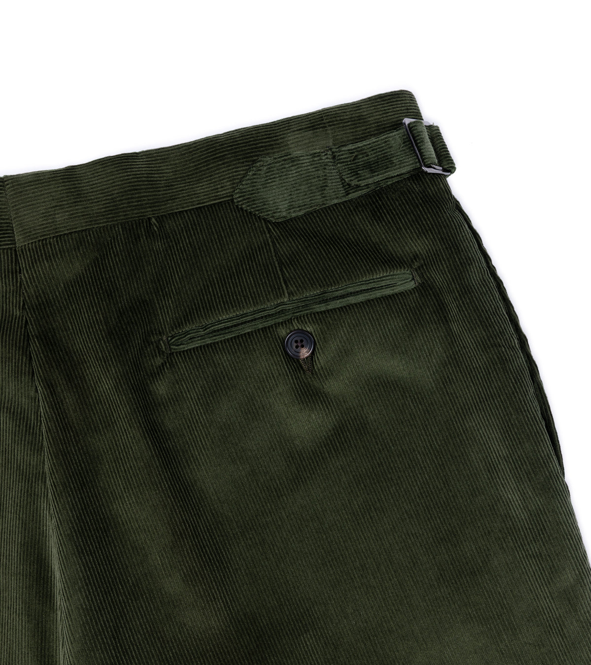 Trunk Hutton Cotton Corduroy Tailored Trousers in Olive. Close-up detail of the back pocket and waist adjuster.