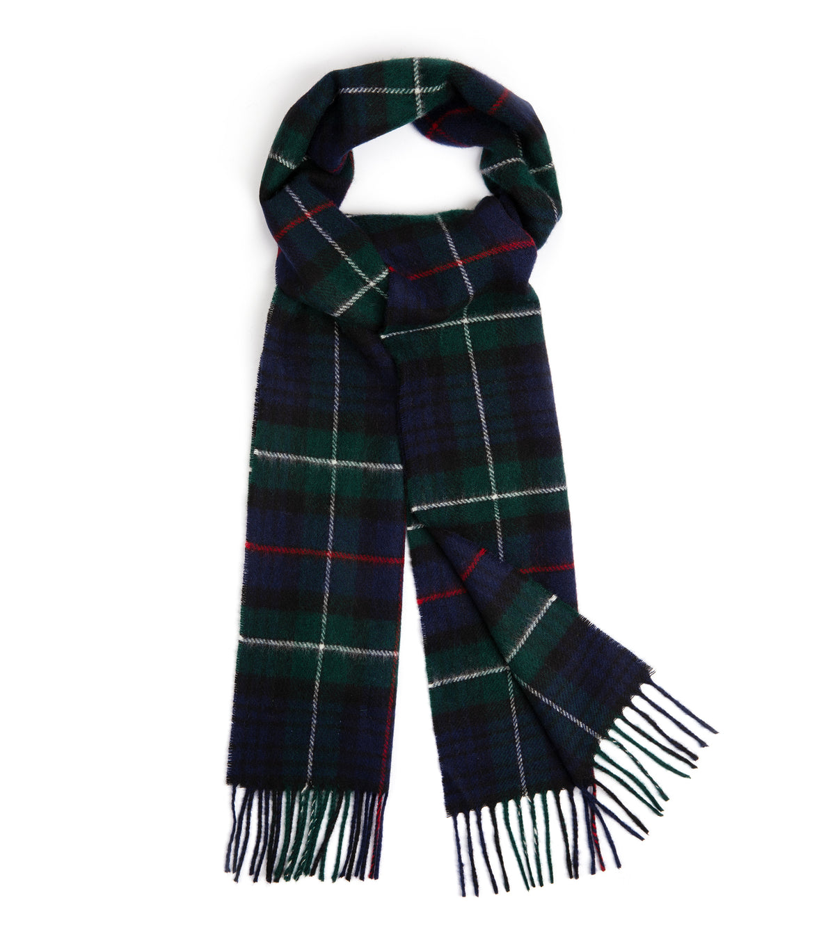 Trunk Moon Merino Check Scarf in Navy with fringed ends styled in a loop.