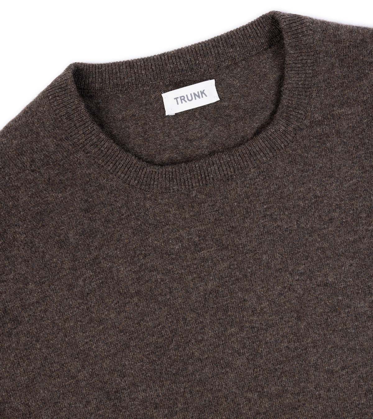 Close-up of Trunk Walden Geelong Crew Neck Sweater in Brown showing the crew neck and fabric texture.