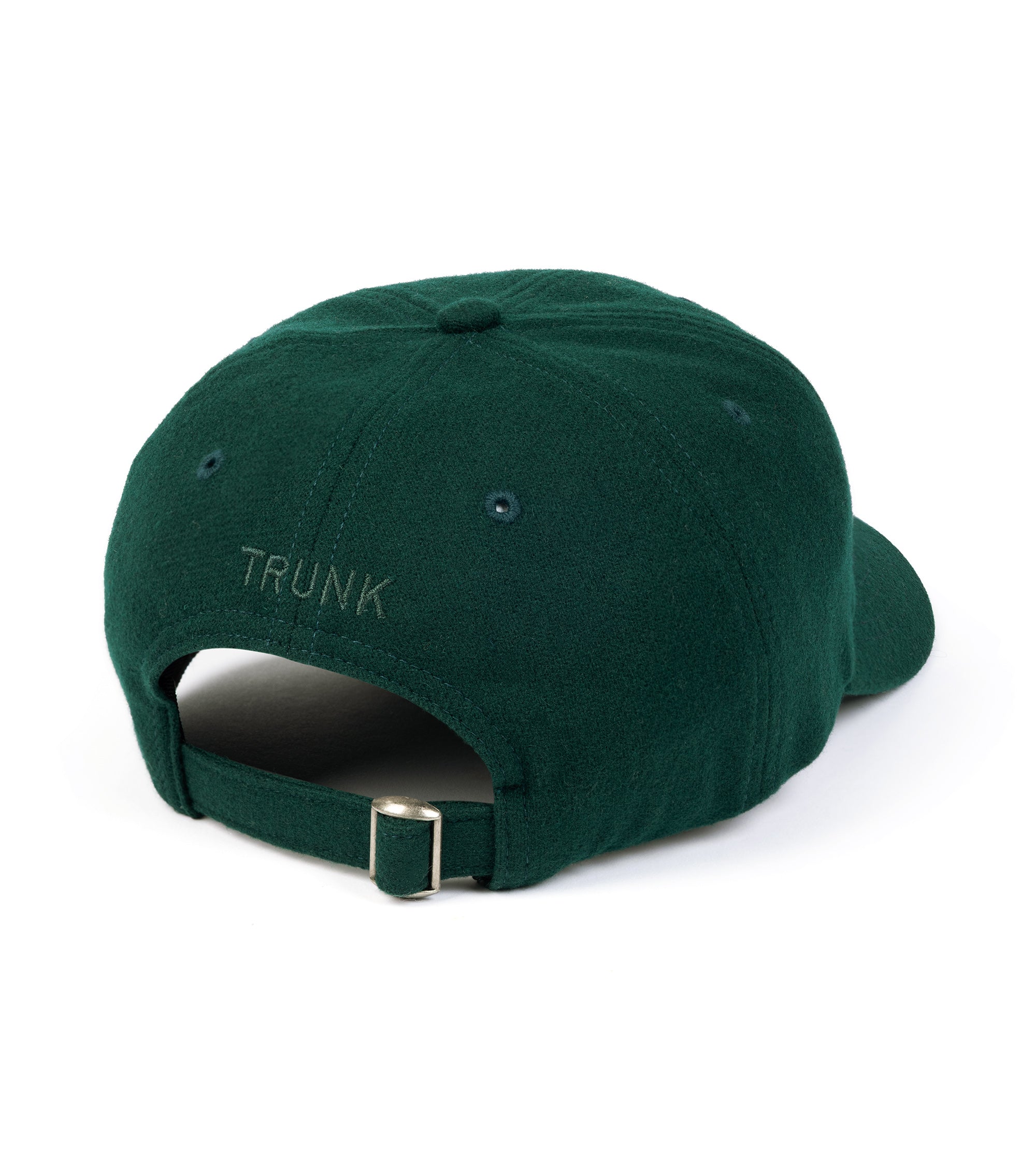 Trunk Wool Flannel Baseball cap in navy, back view. Detailed view of adjustable strap and tonal Trunk branding embroidery.
