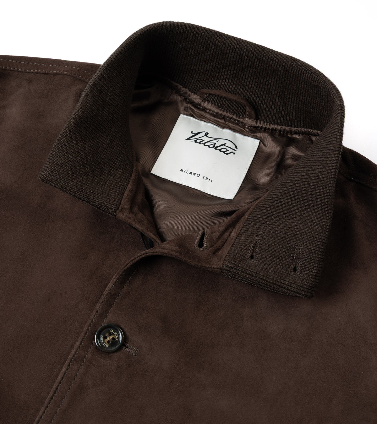Close-up of a dark brown suede jacket with a ribbed knit collar.