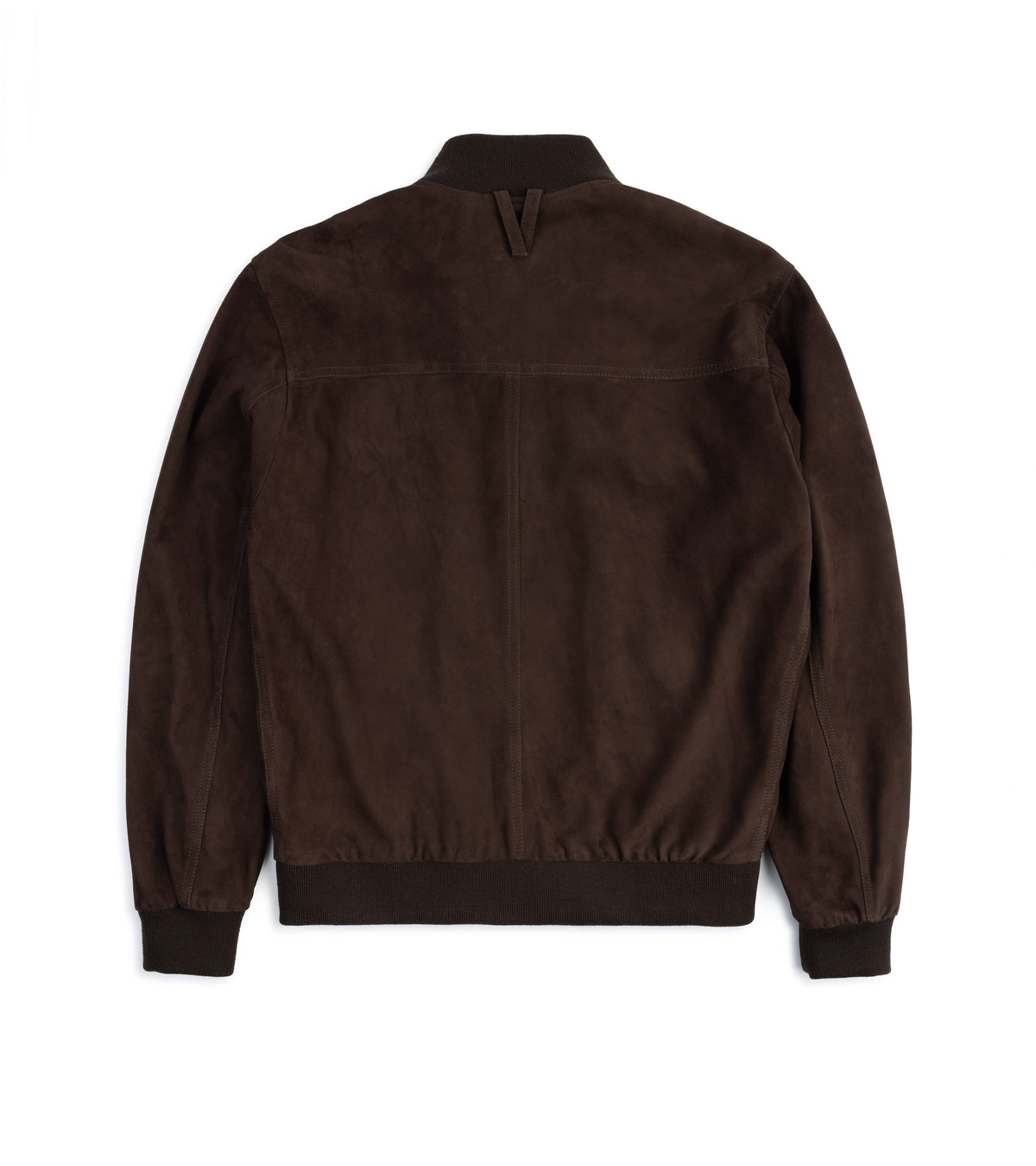 A dark brown suede jacket shown from the back, featuring a ribbed collar, cuffs, and hem, laid flat against a white background.