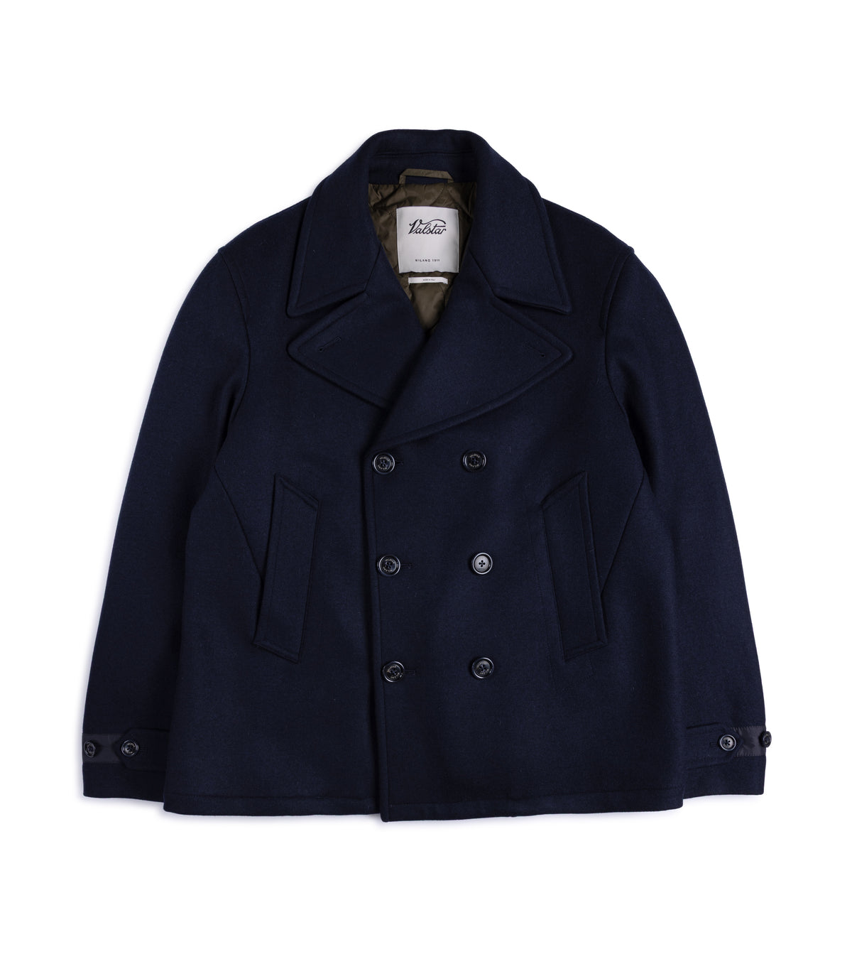 Valstar Ben Padded Wool Felt Jersey Peacoat in Navy, front view. Double-breasted peacoat with wide notch lapels, six buttons, two pockets and button cuff tabs.