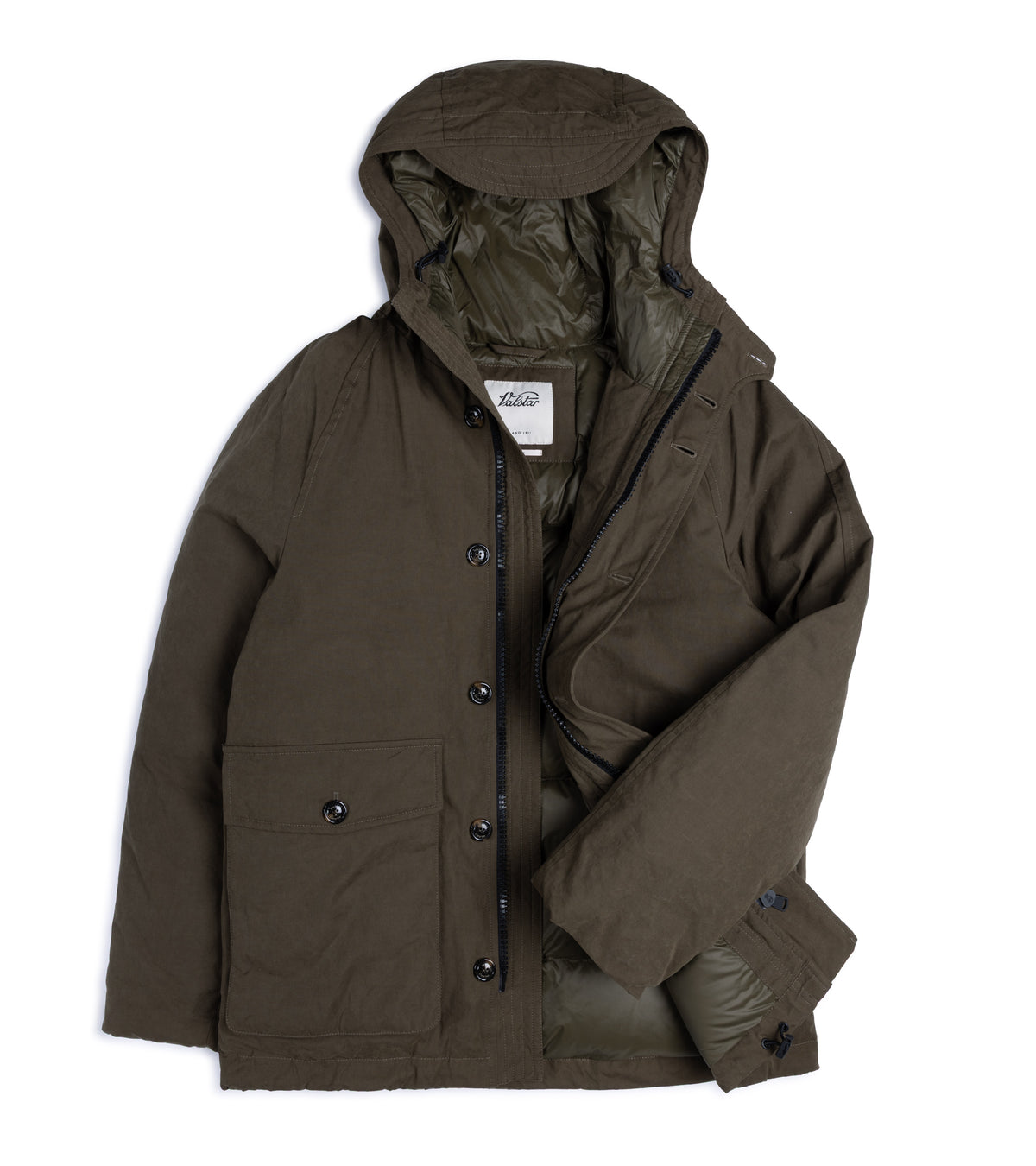 Valstar Liam Water-Repellent Waxed Cotton Down Padded Parka in Olive, unzipped showing the padded goose down lining.