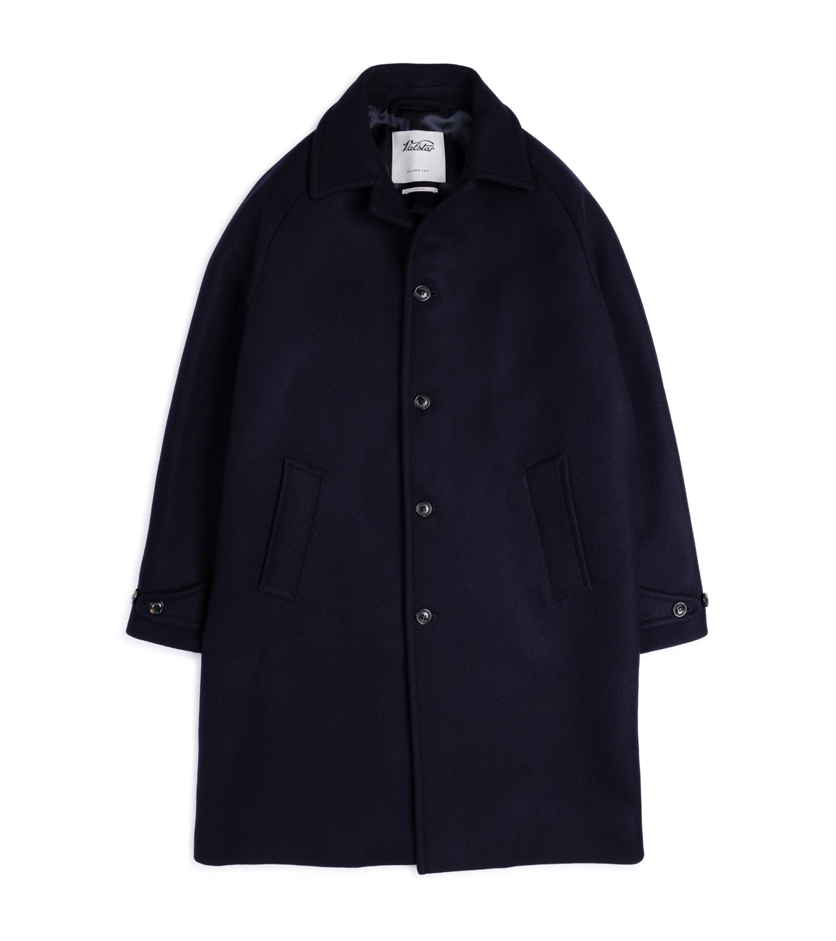 Valstar Vittorio Wool Felt Raglan Overcoat, front view. Buttoned up with the top button undone. Raglan sleeves, two side pockets and button-tab cuffs.