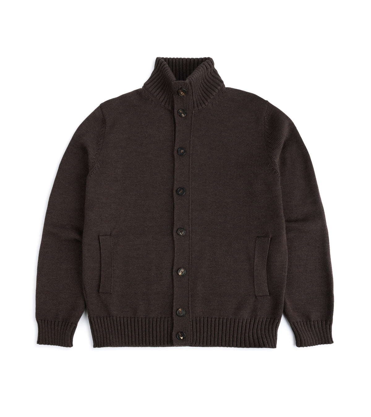 Zanone Chioto 5-Gauge Wool Cardigan in Brown showing a high neck, button-up front, and side pockets.