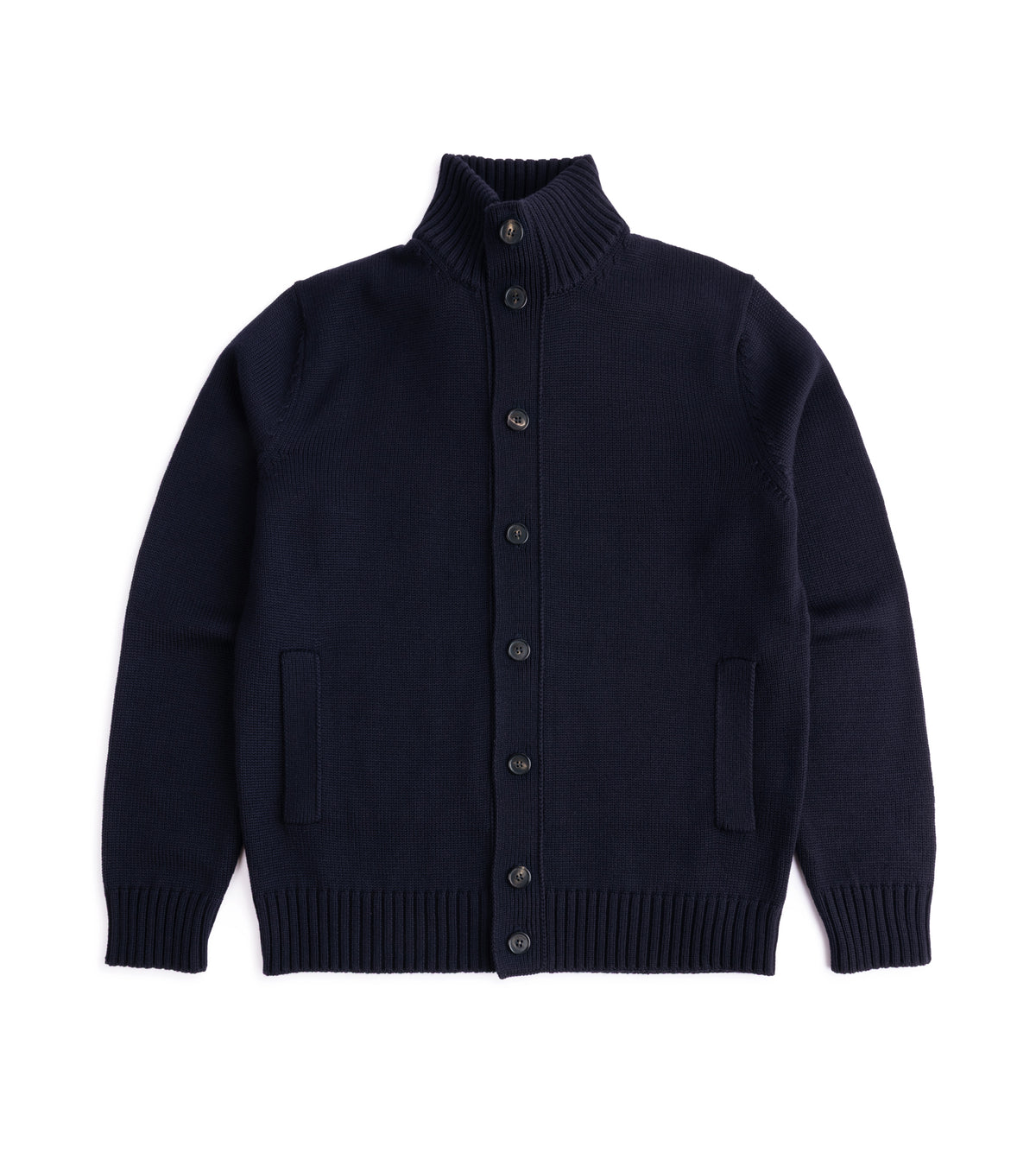 Zanone Chioto 5-Gauge Wool Cardigan in Navy showing a high neck, button-up front, and side pockets.