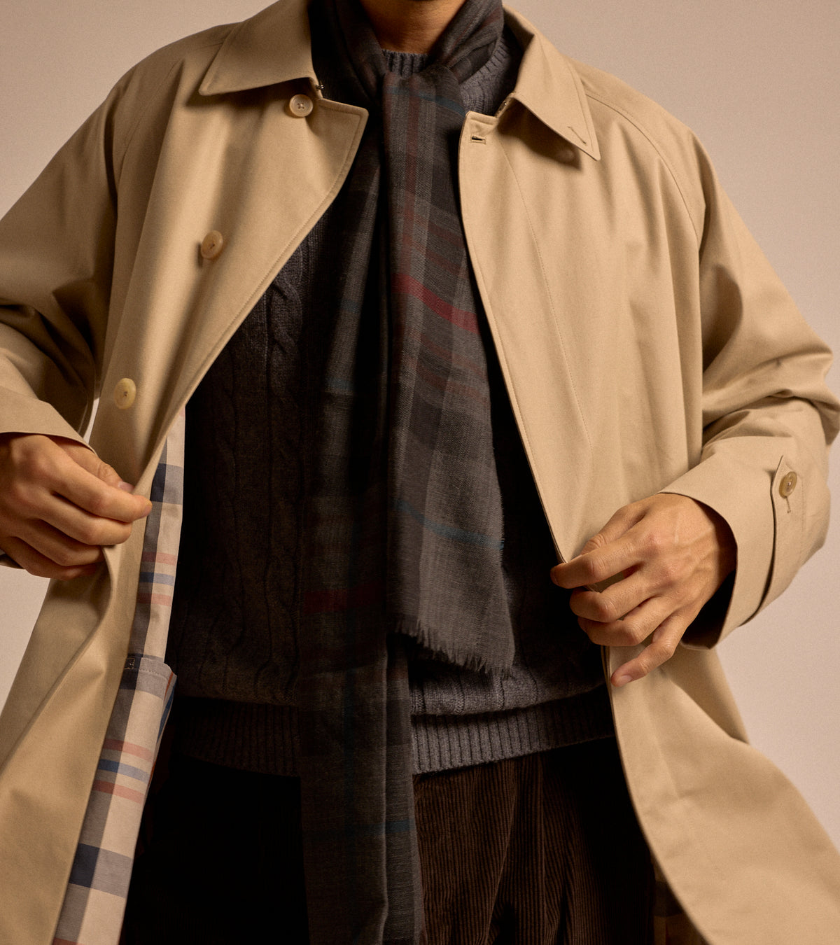 Begg x Co Wispy Baxter Check Cashmere Scarf in charcoal/wine/teal, product photo.