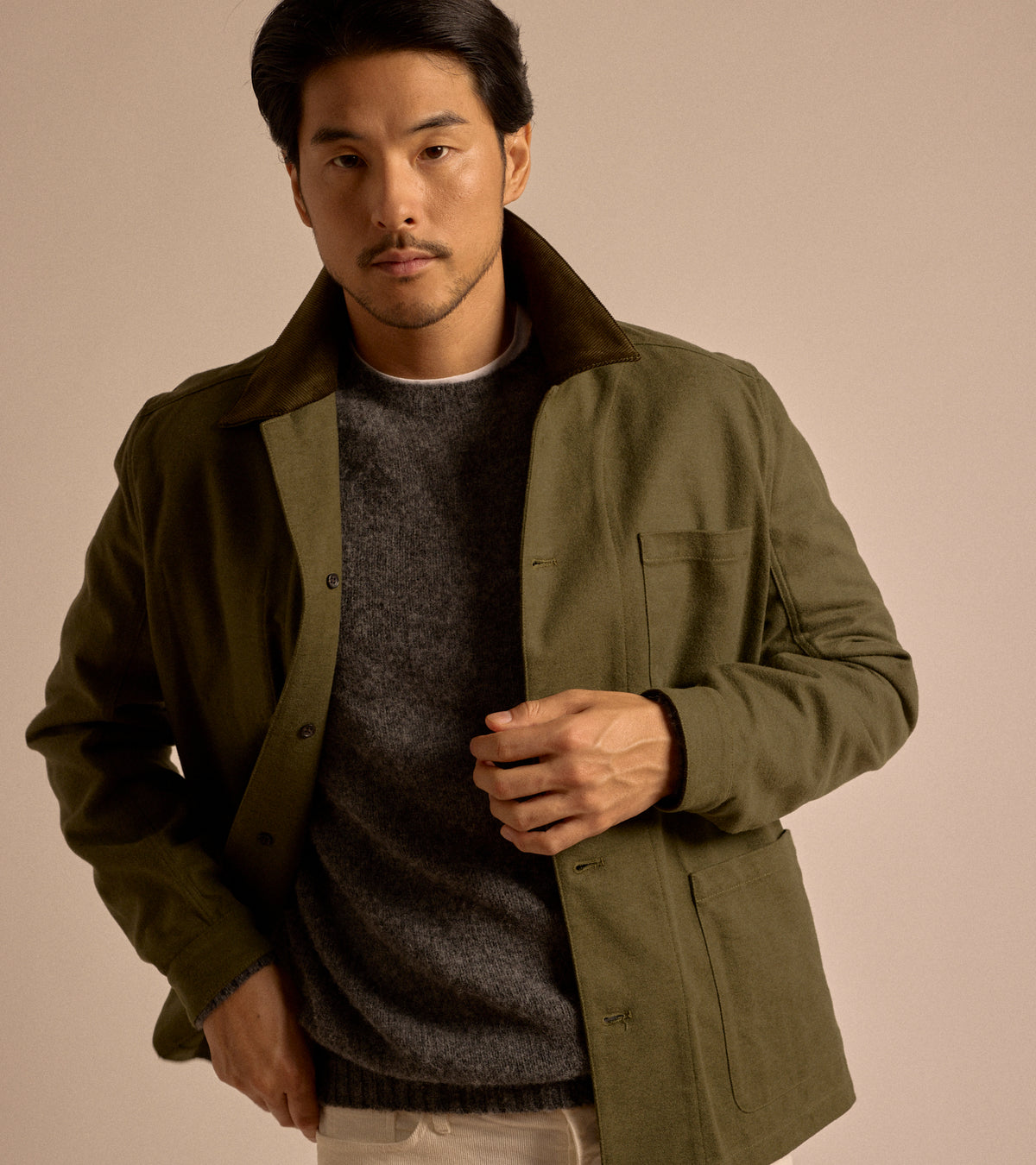 Trunk Coleman Brushed Japanese Cotton Jacket in olive, product photo.